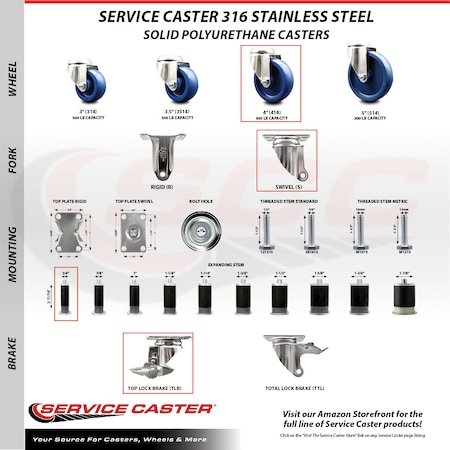 Service Caster 4 Inch 316SS Solid Poly Swivel 3/4 Inch Expanding Stem Caster Set Brake SCC SCC-SS316EX20S414-SPUS-TLB-34-4